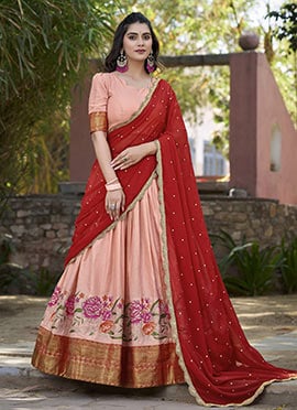 Peach Cotton Silk Embroidered Zari A Line Lehenga