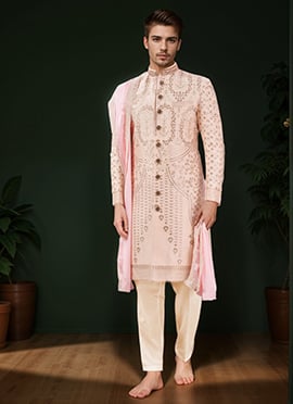 Peach Cotton Silk Jacquard Classic Sherwani
