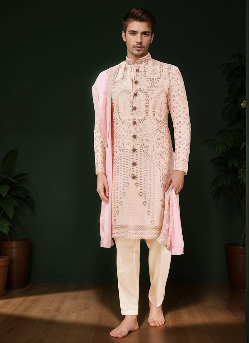 Peach Cotton Silk Jacquard Classic Sherwani Wedding Wear