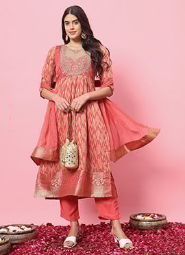 Peach Cotton Silk Printed Embroidered Straight Pant Suit