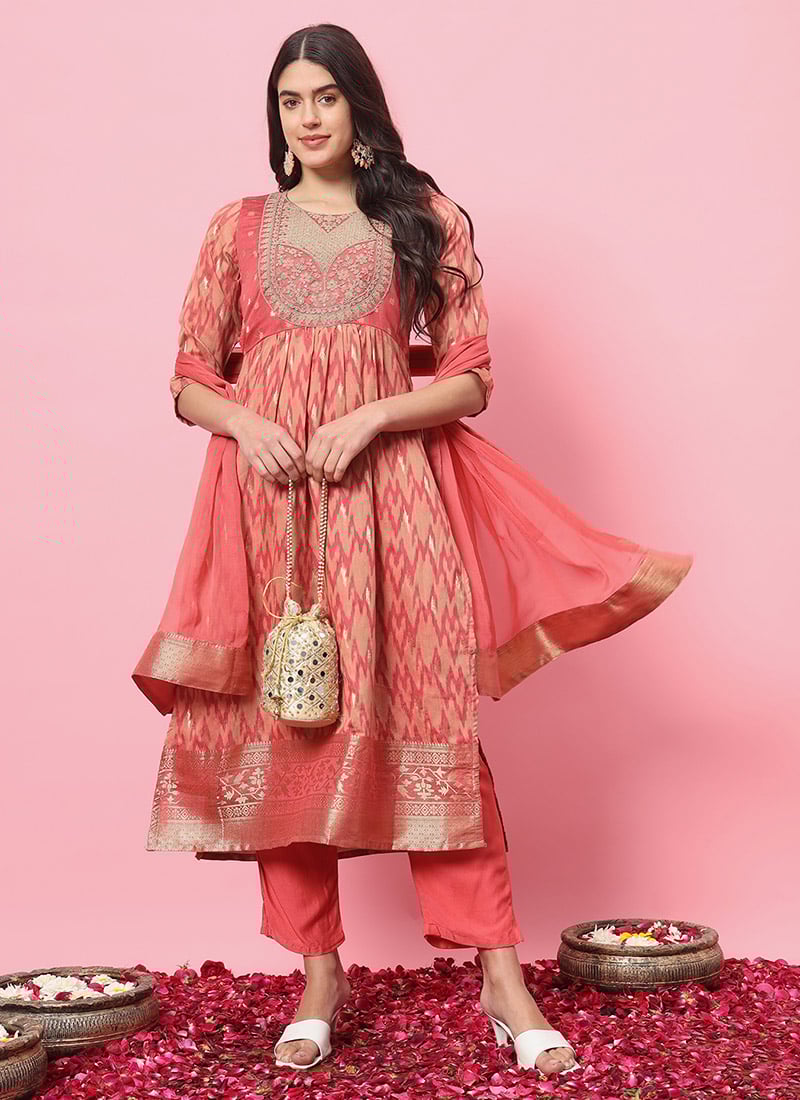 Peach Cotton Silk Printed Embroidered Straight Pant Suit Festive Wear
