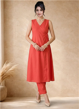 Peach Cotton Wrap Style Kurta with Straight Pants