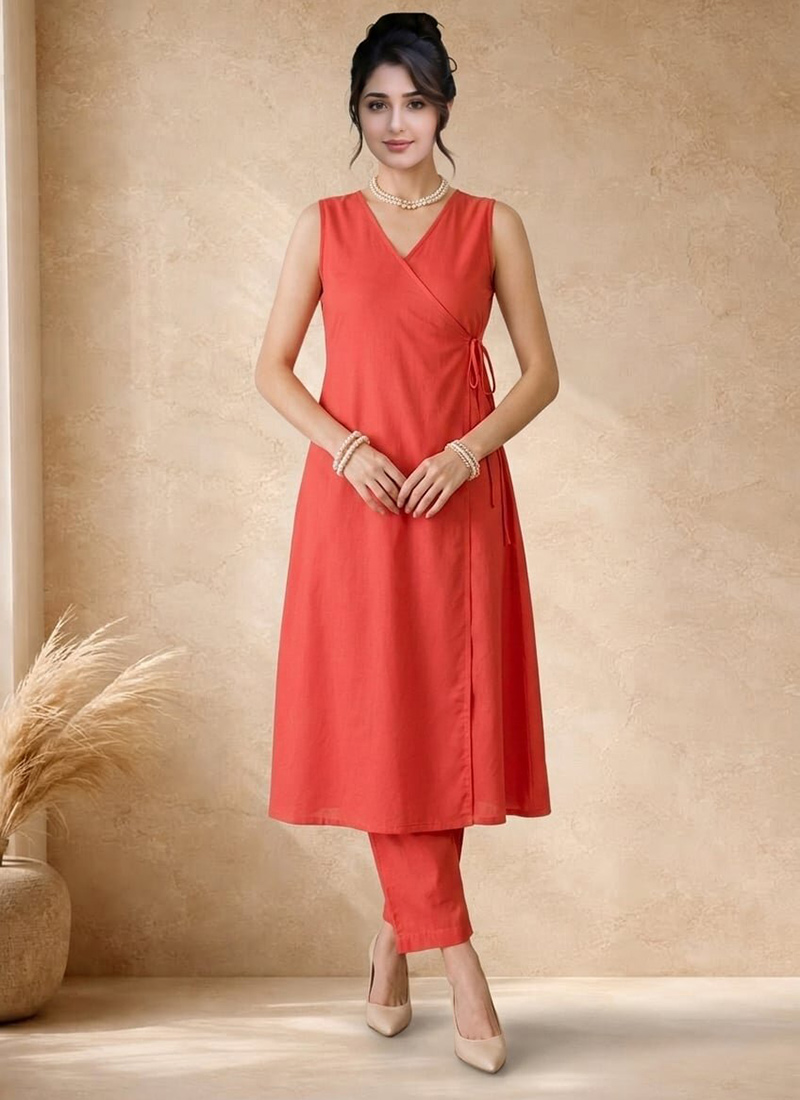Peach Cotton Wrap Style Kurta with Straight Pants Festive Wear