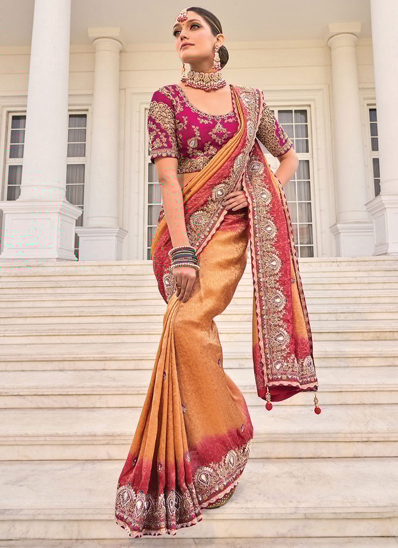 Peach Crepe Jacquard Zari Beads Sequins Mirror Work Zarkan Stones Cutdana Saree Wedding Wear