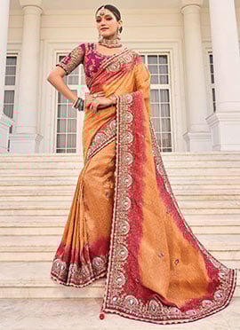 Peach Crepe Jacquard Zari Embroidered Sequins With Beads Work Saree