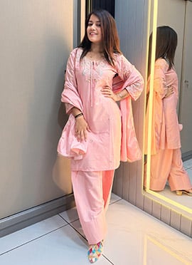 Peach Crepe Sequins Beads Thread Cutdana Palazzo Suit