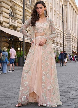 Peach Crepe Silk Embroidered Indowestern Dhoti Set With Jacket