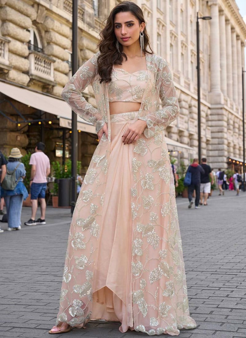 Peach Crepe Silk Embroidered Indowestern Dhoti Set With Jacket Wedding Wear