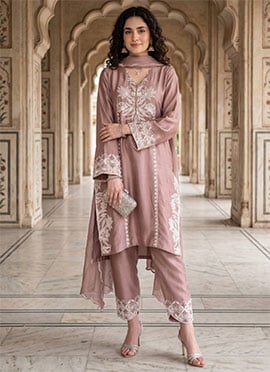 Peach Crepe Silk Embroidered Straight Pant Suit