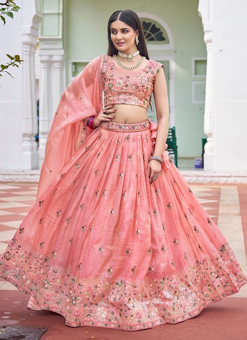 Peach Crush Silk Embroidered Sequins Lehenga Wedding Wear