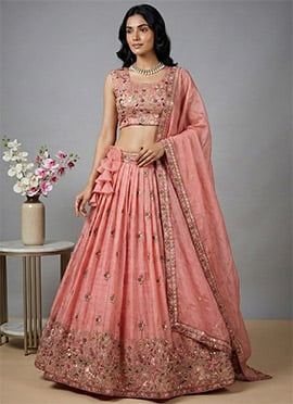 Peach Crush Silk Sequins Embroidered Lehenga