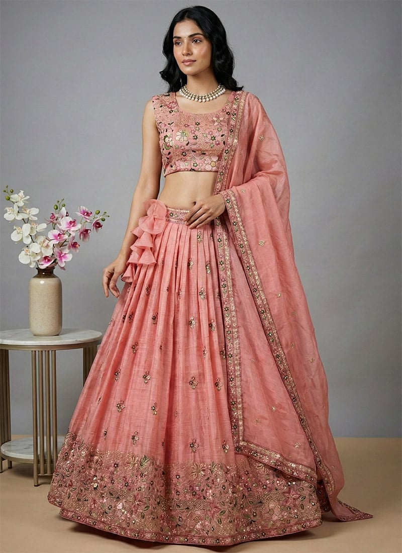 Peach Crush Silk Sequins Embroidered Lehenga Wedding Wear