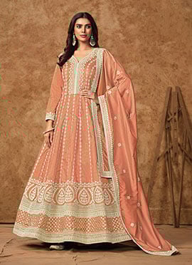 Peach Dola Silk Embroidered Sequins A Line Ravishing Anarkali Suit