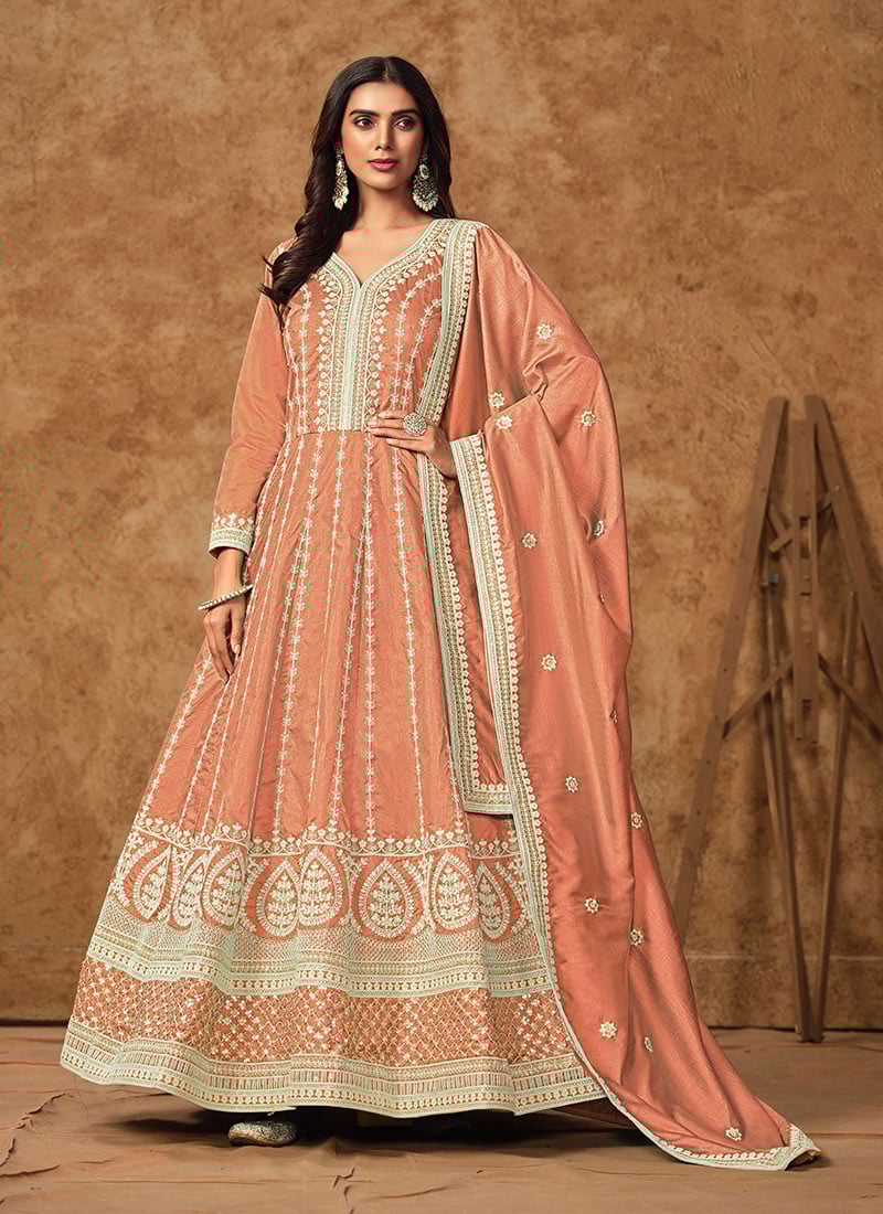 Peach Dola Silk Embroidered Sequins A Line Ravishing Anarkali Suit Festive Wear