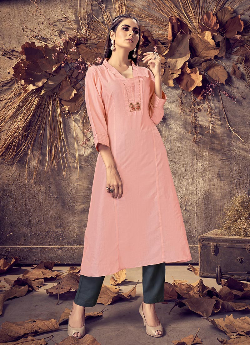 Buy Peach Dola Silk Jacquard Work Long 