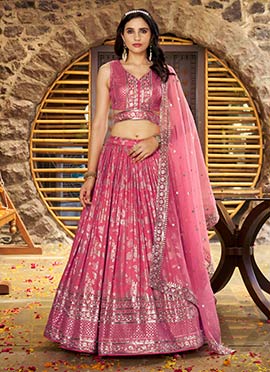 Peach Dola Silk Jacquard Zari Embroidered Sequins Lehenga Wedding Wear