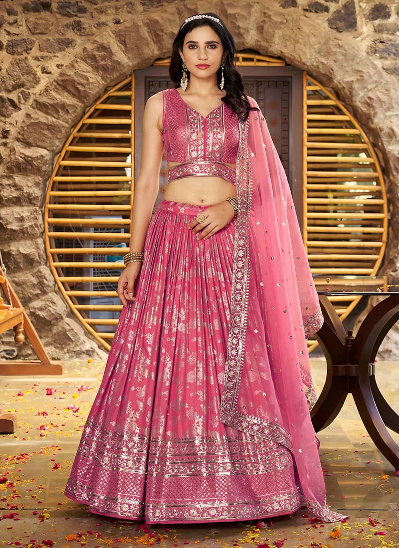 Peach Dola Silk Jacquard Zari Embroidered Sequins Lehenga