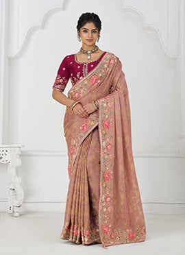 Peach Dola Viscose Silk Embroidered Sequins With Beads Stone And Aari Work Saree