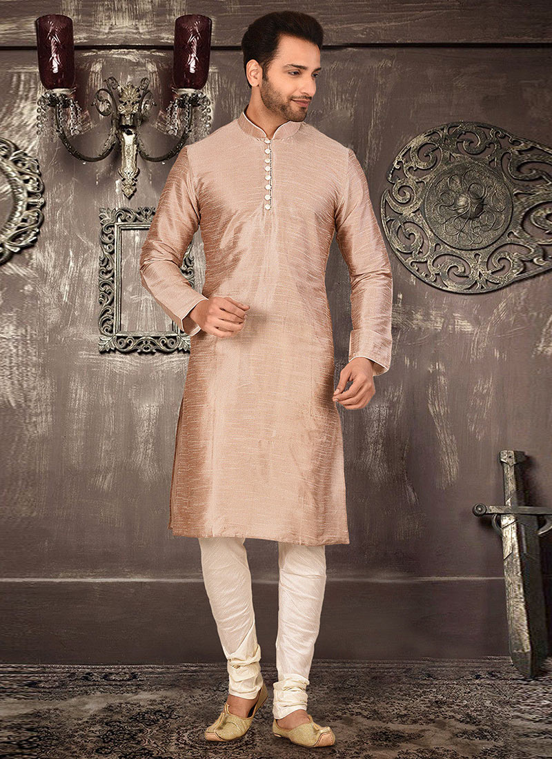 Peach Dupion Art Silk Soild Plain Kurta Pyjama Party Wear