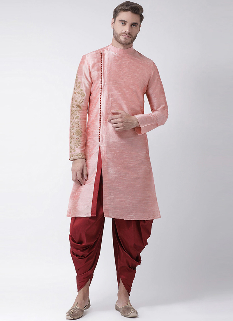 Peach Dupion Silk Embroidered Kurta Pyjama Festive Wear