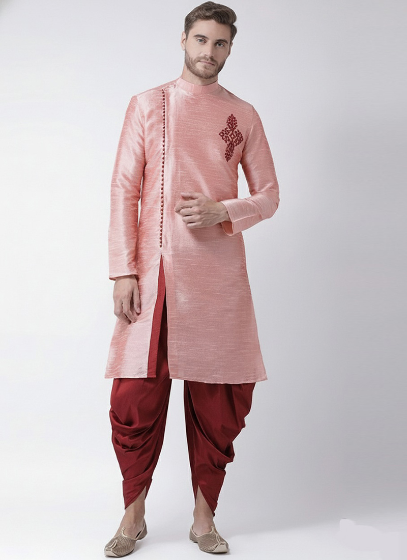 Peach Dupion Silk Embroidered Kurta Pyjama Festive Wear