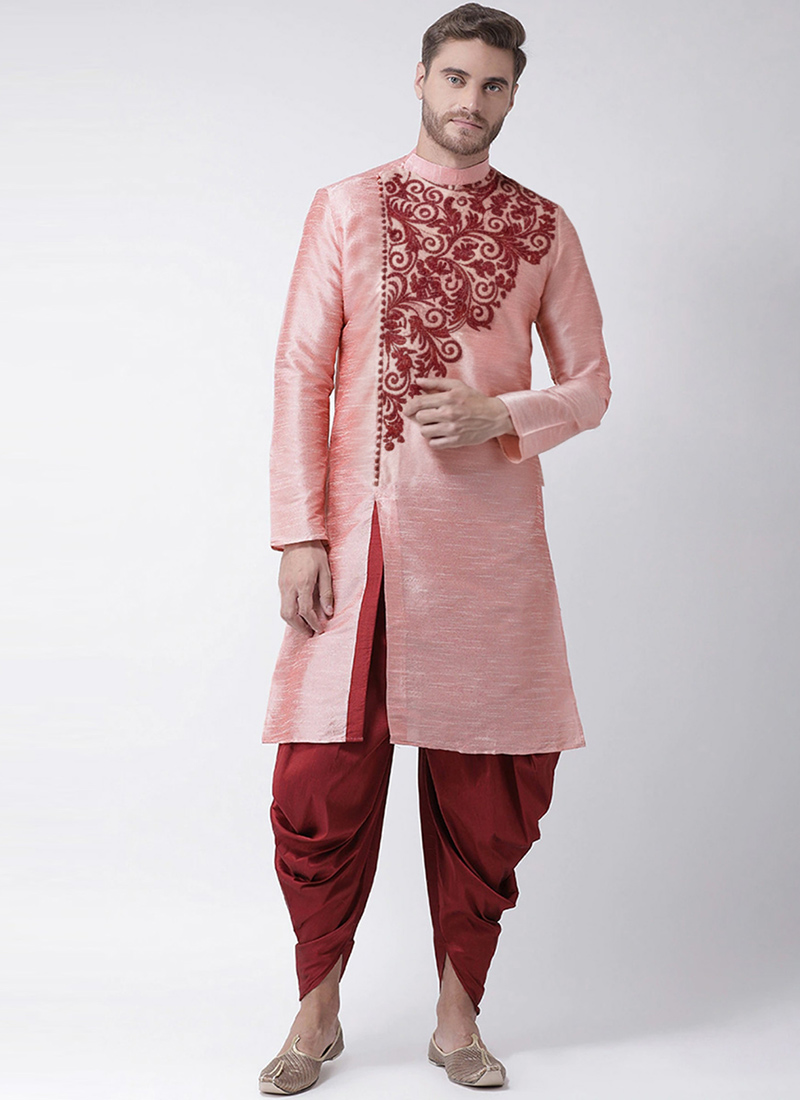 Peach Dupion Silk Embroidered Kurta Pyjama Festive Wear