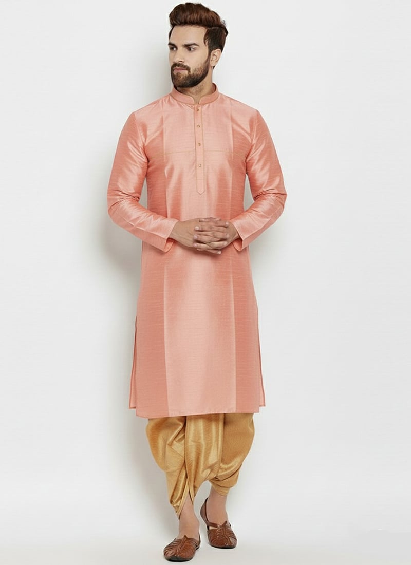 Peach Dupion Silk Embroidered Kurta Pyjama Festive Wear