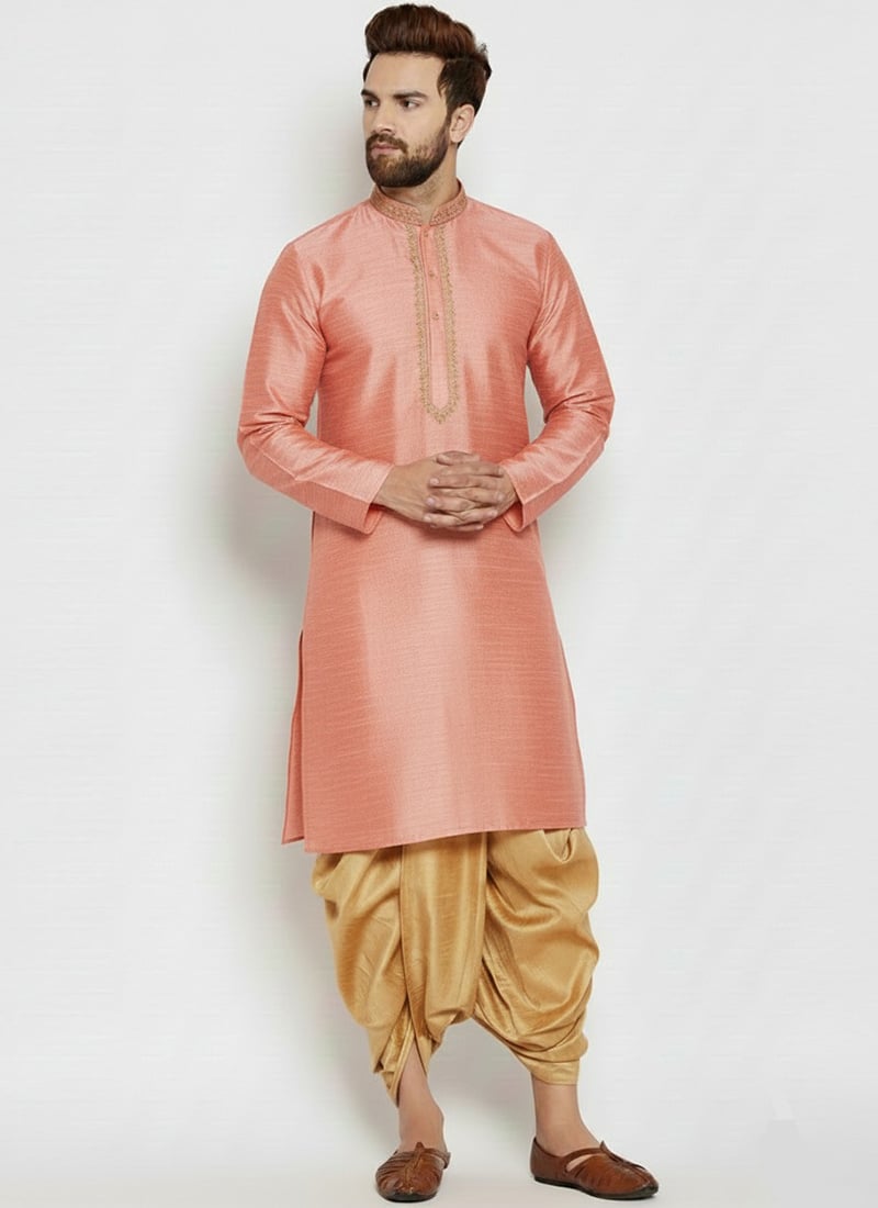 Peach Dupion Silk Embroidered Kurta Pyjama Festive Wear