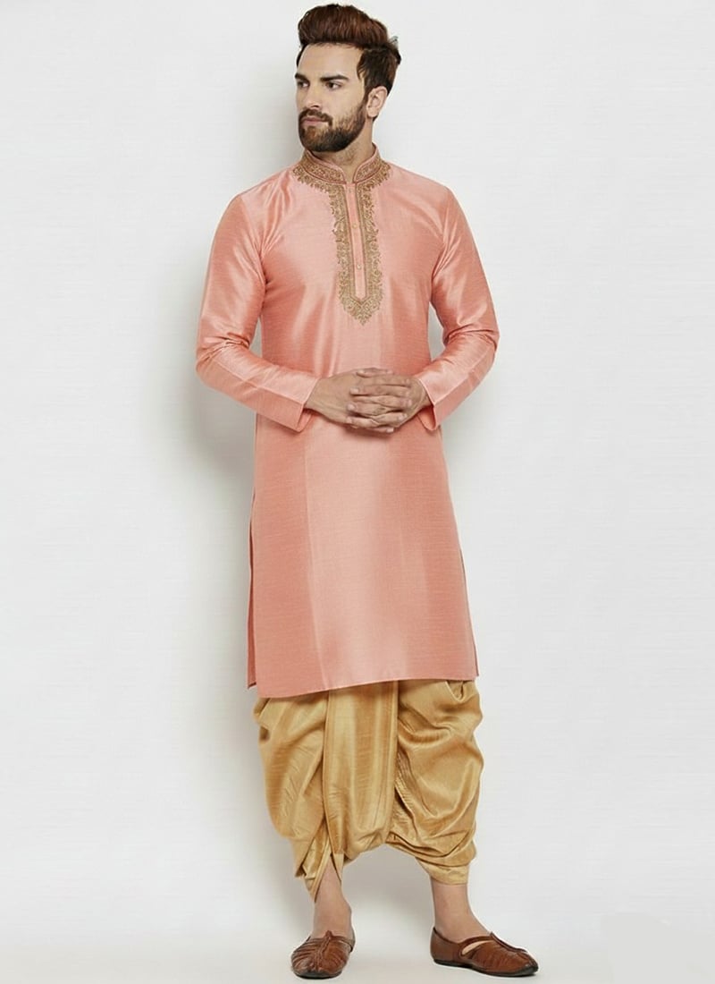 Peach Dupion Silk Embroidered Kurta Pyjama Festive Wear