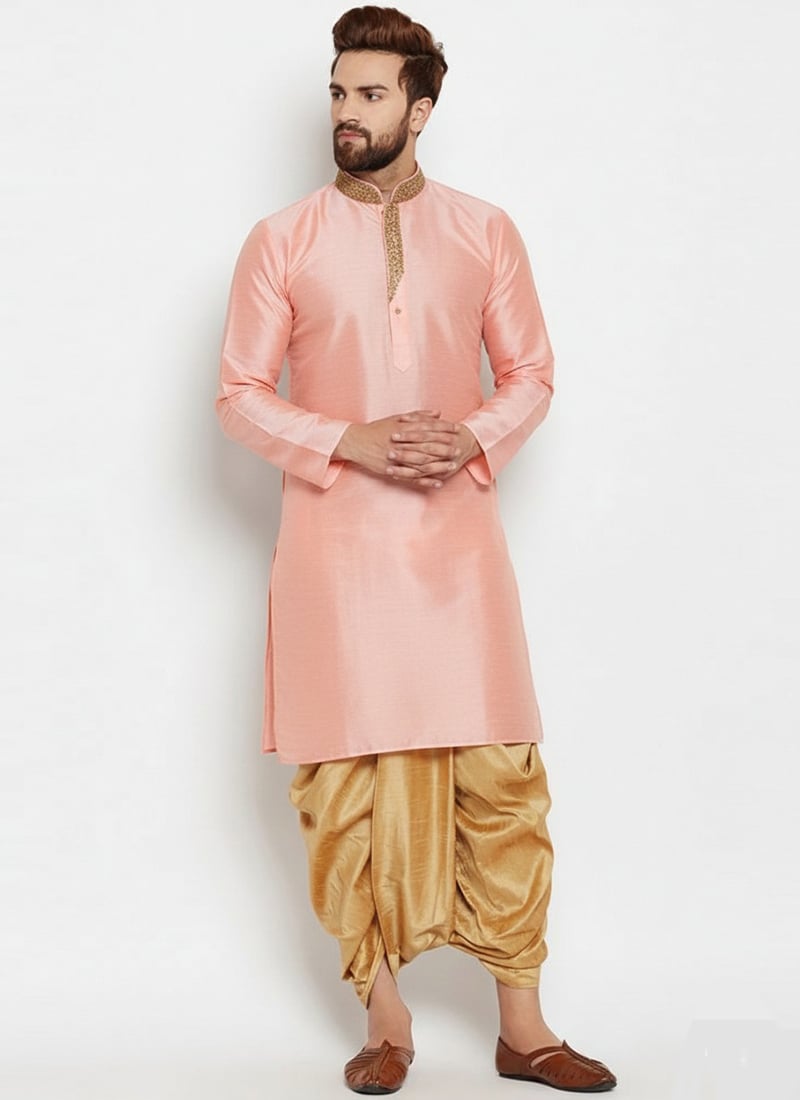 Peach Dupion Silk Embroidered Kurta Pyjama Festive Wear