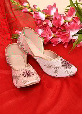 Peach Dupion Silk Embroidered Sequins Juti For Women