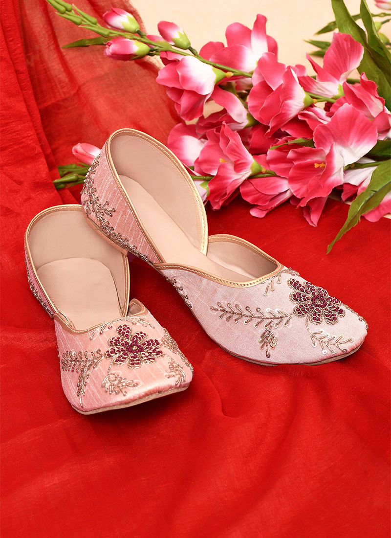 Peach Dupion Silk Embroidered Sequins Juti For Women 