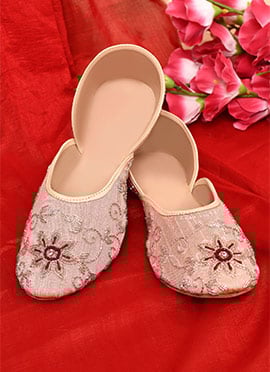 Peach Dupion Silk Embroidered Sequins Juti For Women