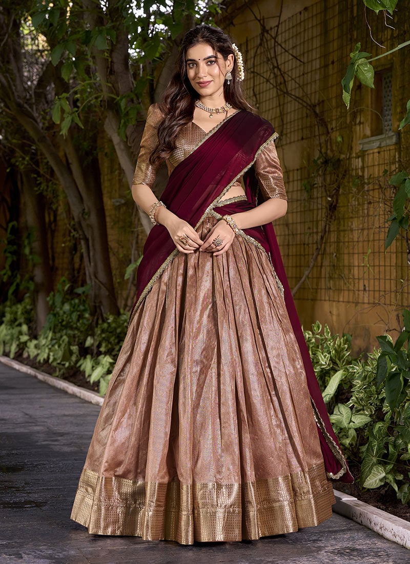 Peach Dupion Silk Zari Woven Lehenga Festive Wear