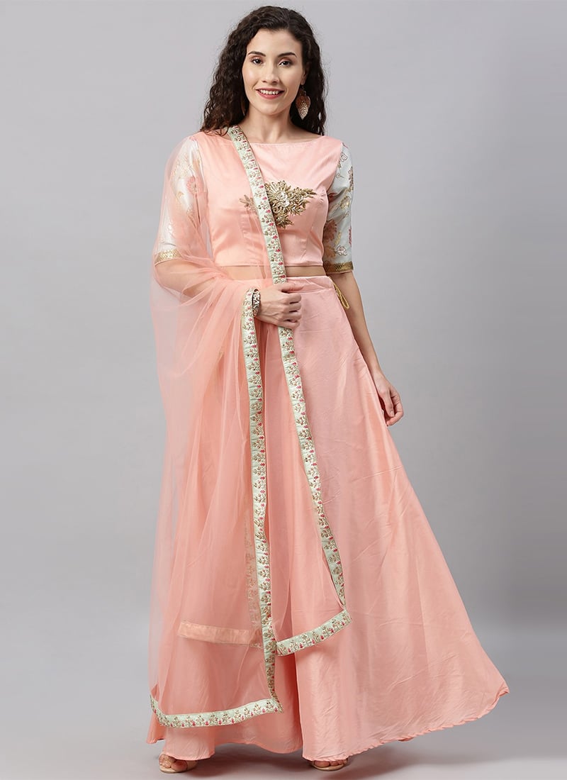 Peach Elbow Sleeves Embroidered Lehenga Set