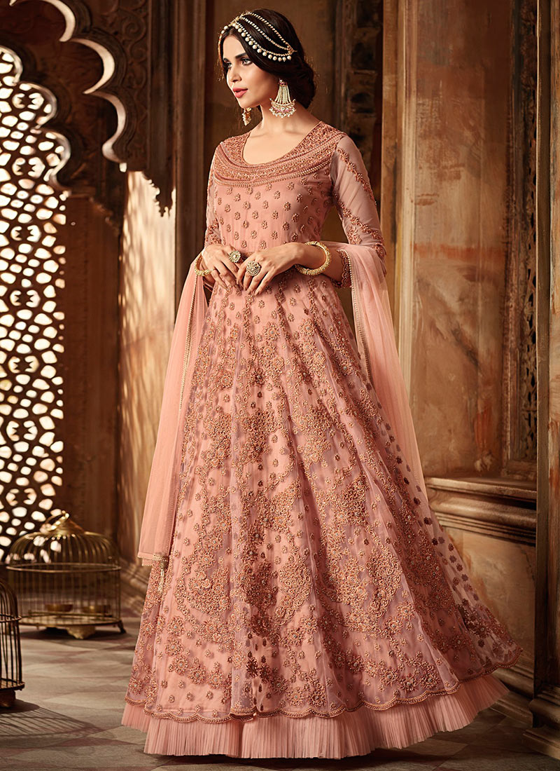 embroidered net abaya style suit in peach