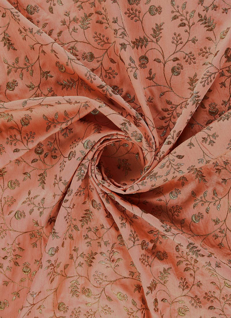 Peach Embroidered Art Silk Fabric
