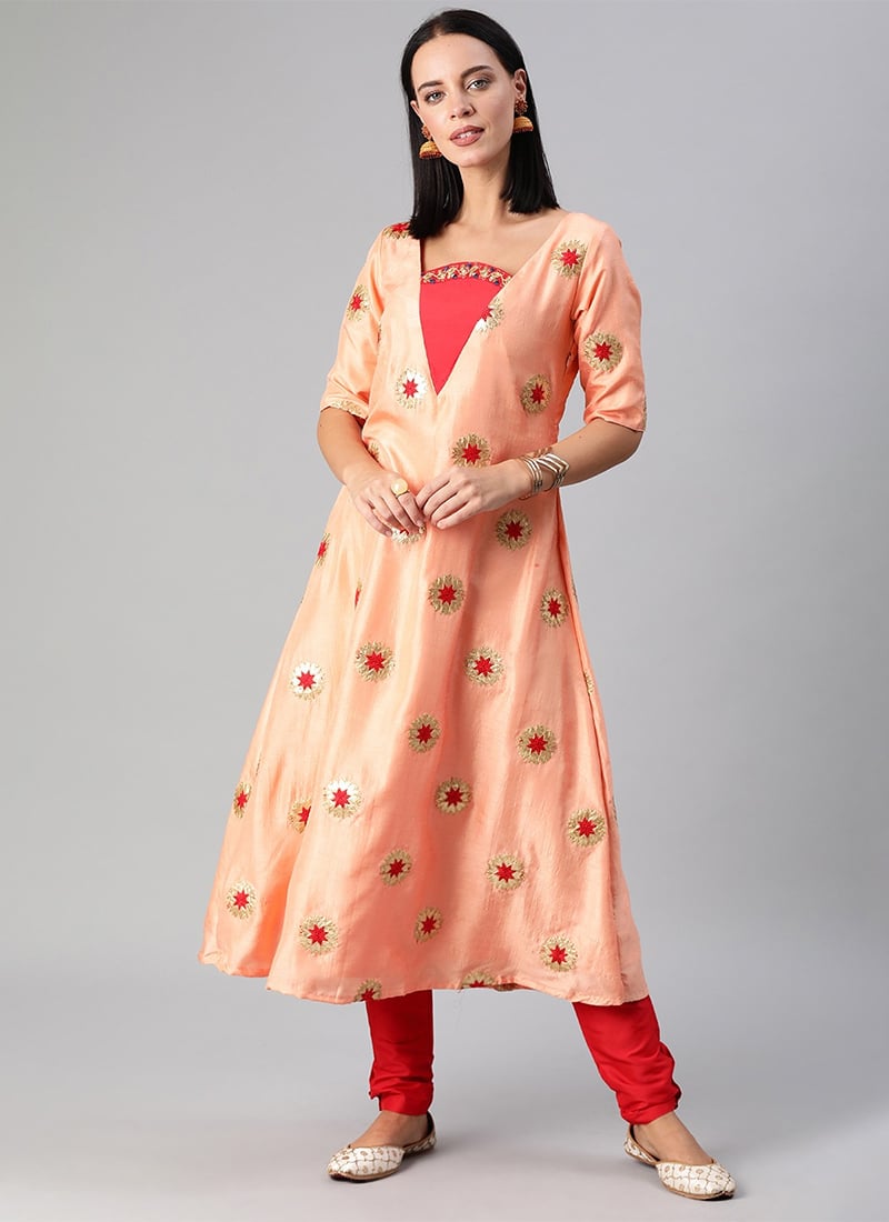 Peach Embroidered Chinon Kurta Set