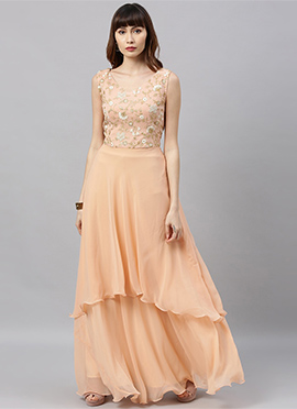 Peach Embroidered Double Layered Floor Length Gown