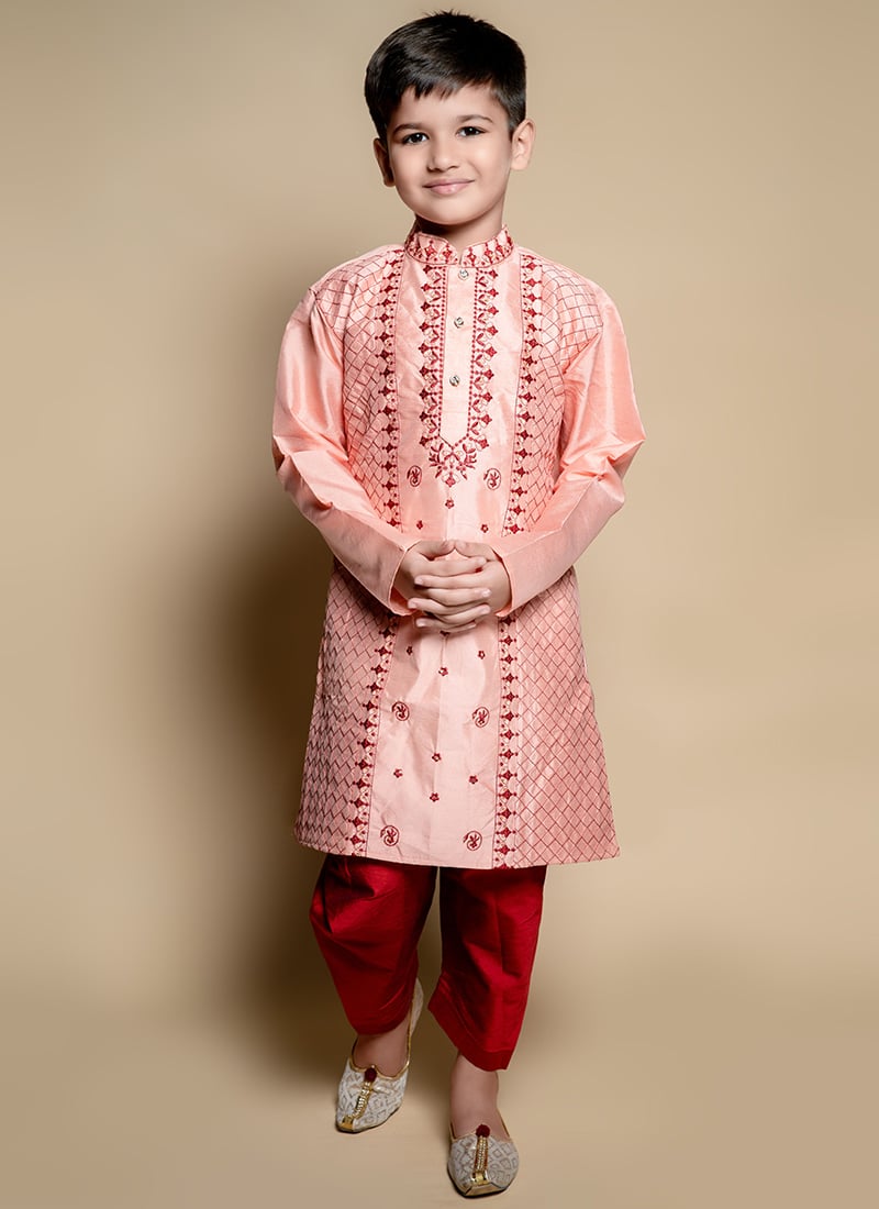 Peach Embroidered Dupion Silk Kids Dhoti Style Kurta Pyjama Party Wear
