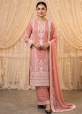 Peach Embroidered Georgette Palazzo Suit