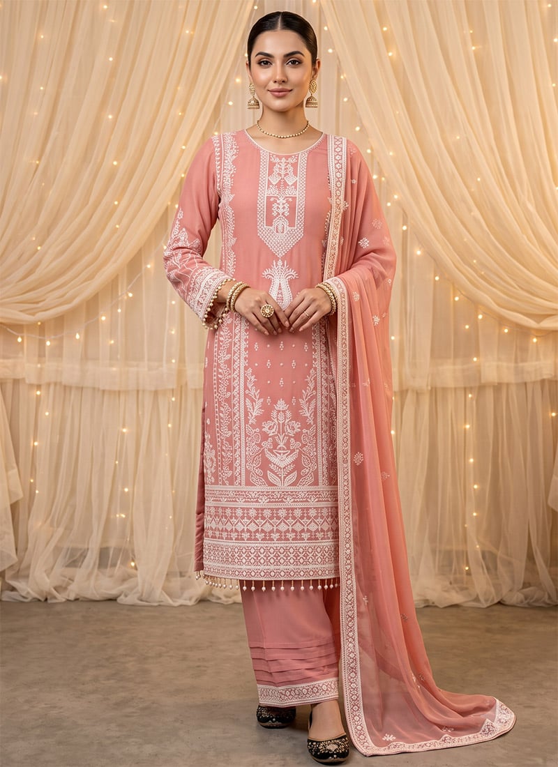 Peach Embroidered Georgette Palazzo Suit Festive Wear