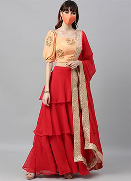 Peach Embroidered Layered Lehenga Set