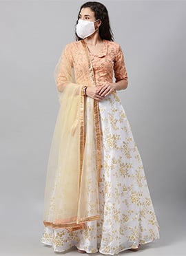 Peach Embroidered N White Organza Lehenga