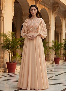 Peach Embroidered Round Neck Gown