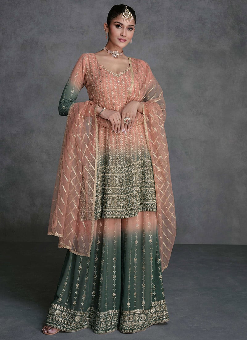 Peach Embroidered Sequins Pakistani Palazzo Suit Party Wear