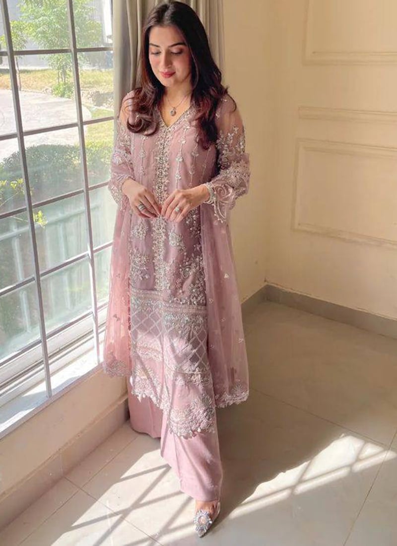 Peach Embroidered Sequins Soft Net Straight Pant Suit Festive Wear