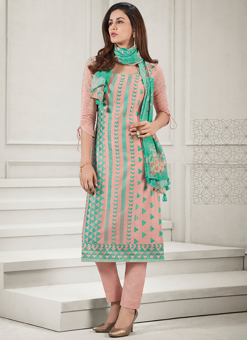 Buy Peach Embroidered Straight Pant Suit, Embroidered , Printed