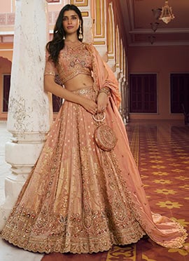Peach Embroidered Zari Sequins With Stone Work Banarasi Silk Lehenga