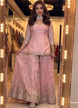Peach Fandy Silk Embroidered Sharara Suit